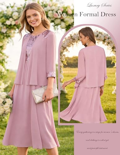 Image of GRACE KARIN Formal Wedding Guest Dress Sequin Mother of The Bride Dresses | Two Piece,3 /4 Sleeve,Tea Length,Crew Neck,Fit and Flare,Chiffon,Suitable for Spring /Summer /Fall /Winter /Cocktail /Party /Prom