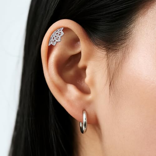 Goth Hidden Boho Helix Earring Geometric Mandala Lotus Flower Cartilage Helix Piercing Dark Silver Jewelry Gothic Jewelry Punk Tattoo Medieval Bohemian Silver Spiritual Earring ﻿4