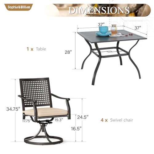 Image of Sophia & William Outdoor Patio Dining Set 5 Piece with 4 Swivel Dining Metal Chairs and 1 Square Dining Table (1.57 inch Umbrella Hole) Outdoor Table Furniture Set for Garden Deck Backyard, Black