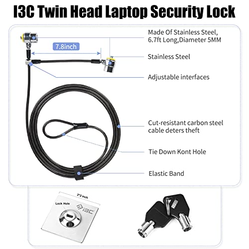 I3C Twin Head Laptop Security Cable Locks Keyed With Anchor Plate, Hardware Security Cable Lock Anti Theft Lock, Lock Two Devices At The Same Time, For Monitors, Laptops, Macbooks, Tablets, Ipad #TOP1