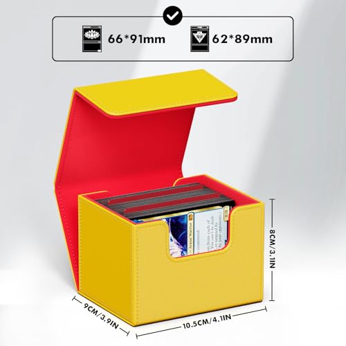 Image of ZLCA Card Deck Box for Trading Cards, MTG Commander Deck Box Holds 120+ Single Sleeved Cards, Leather Magnetic Card Storage Box Fits for TCG CCG Magic Cards (Yellow&Red)
