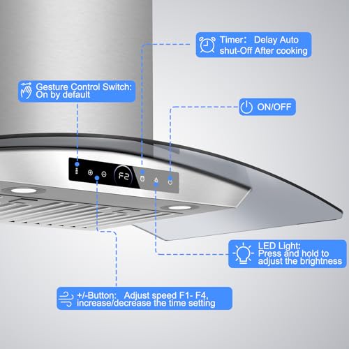 Image of 36 inch Range Hood Wall Mount, 1200 CFM with 4-Speed Gesture Sensing & Touch Control, Stainless Steel Kitchen Stove Vent Hoods with 2 LED Lights, Time Setting, Dishwasher-Safe Baffle Filters