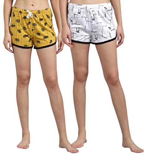 Image of KOTTY Pure Cotton Yellow and White Printed Women Night Short - Pack of 2 (Yellow&White)