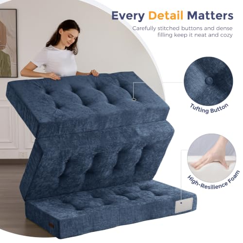 Image of MAXYOYO 6 inch Folding Sofa Bed for Floor, Tufted Tri-Fold Floor Mattress | Full Size Portable Sofa Couch Guest Mat with Chenille Fabric for Adults, Foldable Topper for Camping, Dusty Blue, Full
