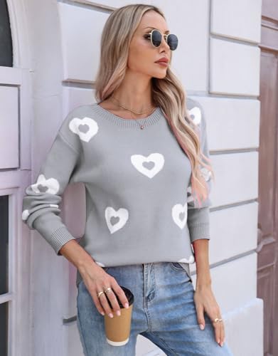 Image of Womens Cute Heart Sweater Crew Neck Long Sleeve Pullover Valentines Sweater