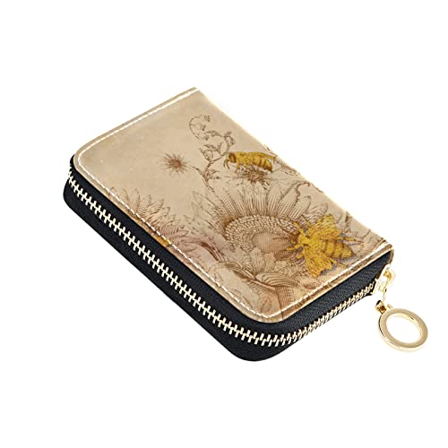 OTVEE Retro Honey Bees Wildflowers RFID Credit Card Wallet, Microfiber Leather Zipper Card Case Holder for Women