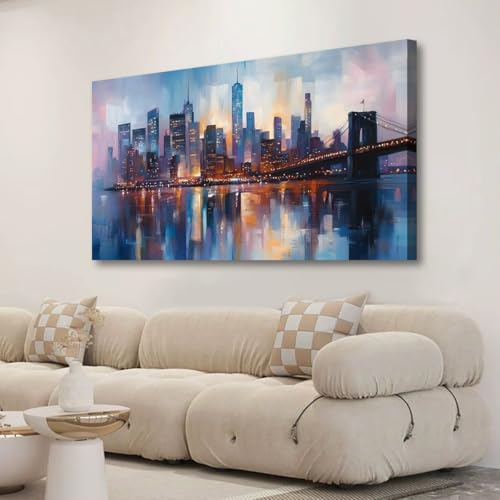 Image of Abstraction Pictures Canvas Wall Art for Living room Office Bedroom Wall Decor,City Wall Art Print Paintings Modern Blue Great bridge Artwork Waterproof Ready to Hang-20x40inch