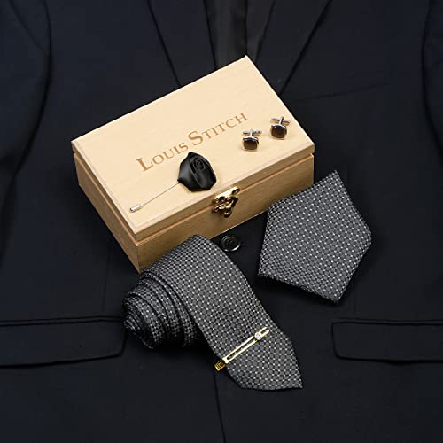 Image of LOUIS STITCH Mens Silk NeckTie Golden Tiepin Gift Combo Set With Pocket Square Cufflinks Brooch Tie Golden Tiepin (Suit Accessories) (Britain)