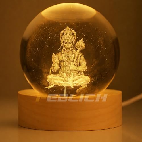 Image of 3D Hanuman Crystal Ball Night Lamp, Solar System Hanuman Crystal Ball Night Light, USB Table Colorful Led Wooden Crystel Ball for Home, Office, Birthday Gift (Hanuman)