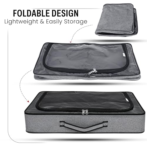 Image of Storite Small Foldable Underbed Storage Bag - Clothes Comforters Breathable Zippered Organizer for Bedroom with Transparent Window and Carry Handles (60x30x15 cm - Grey)