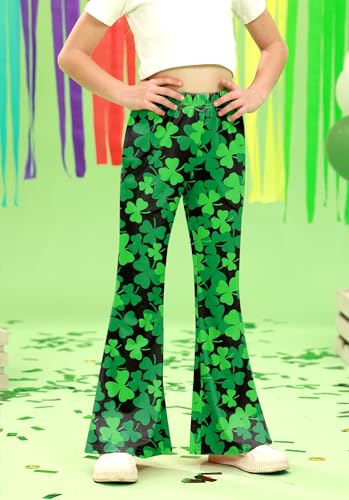 Girls St.Patrick's Irish Clover Print Legging Lucky Shamrock Flared Pants with Pockets 5-14 Years3