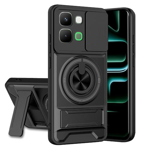 Image of Infinix Note Edge 5G Back Cover | Armor Camera Slider 360 Degree Rotating Finger Ring Holder Case with Bracket Stand Back Case Cover (Compatible with MagSafe Accessories) (Black)