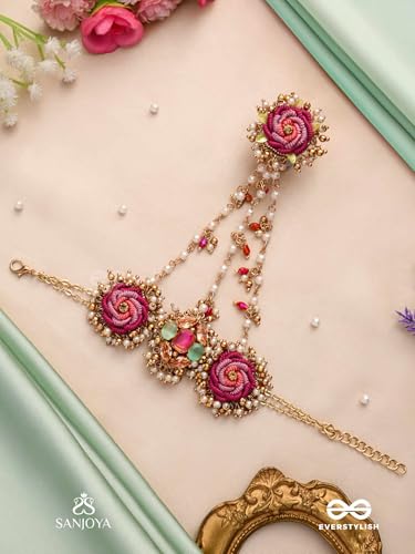 Image of SANJOYA BY EVERSTYLISH Gulratna Jewel Of Roses Handcrafted Rose Haathphool With Beaded Fringes, Pearls And Gem Details Lightweight Jewelry For Women | Party, Festive, Wedding & Gifting