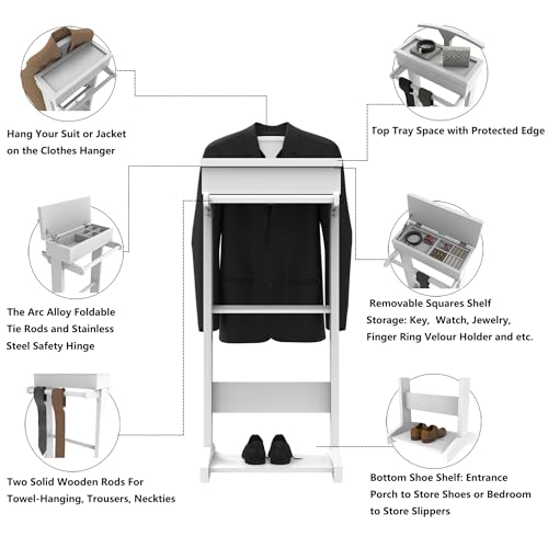 Image of Clothes Valet Stand for Men, Wooden Mens Valet Stand with Tray Organizer, Shoe Shelf, Hanging Rod and Suit Rack, Freestanding Clothes Rack for Bedroom Entryway Office, White