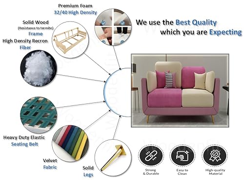 Image of Sixpine Luxury Dual Color Upholstery Sofa in Premium Velvet | Solid Wood Structure | Sturdy Golden Legs | High Density Foam | Extra Comfort for Modern Living Room (Pink & Beige, 2 Seater)