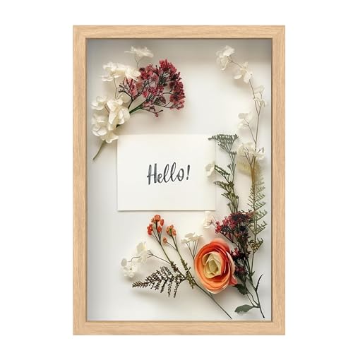 FrameWorks 12" x 18" Natural Oak Wooden Shadow Box Frame  Soft Felt Back, Tempered Glass, and Included Elegant White Ball Push Pins