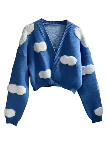 Image of MakeMeChic Women's Graphic Open Front Cardigan Sweaters Long Sleeve Cropped Outerwear Blue Medium