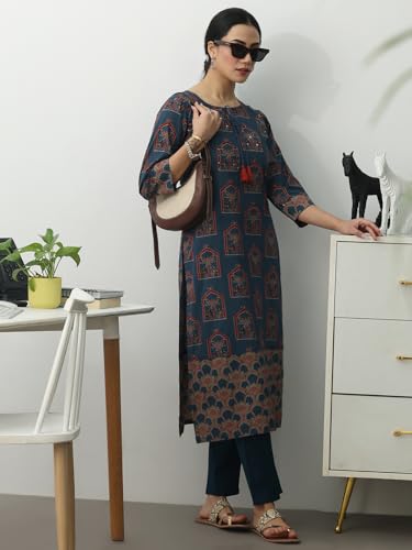 Image of Gerua Blue Ethnic Motifs Printed Straight Kurta Set