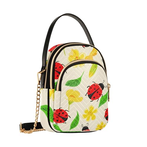 Womens Shoulder Handbag Cute Cartoon Ladybugs Floral Quilted Chain Strap Phone Wallet Handbag Cute Zipper Lady Crossbody Bag, 5.9" × 8.3" × 3.1"2
