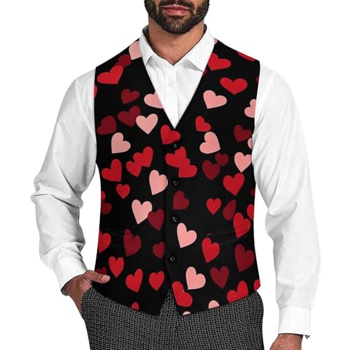 Red Love Hearts Men's Suit Vests Business Formal Dress Vest V-Neck Waistcoat for Wedding Casual