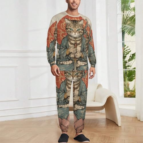 Vintage Japanese Samuraiscat Mens Pajamas Set Long Sleeve Sleepwear Pjs Set Shirts And Bottoms Sleep Sets Loungwear2