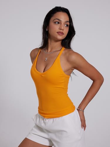 Image of Danysu V Neck Racer Back Tank Top for Women Padded Ribbed Long Tank Fitted Basic Cami Tops