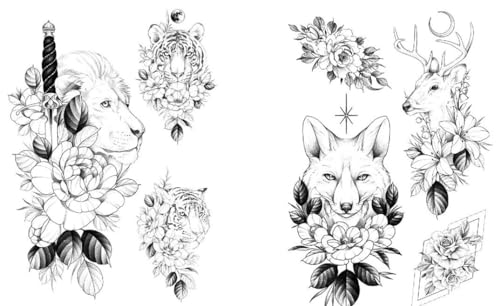 2 fogli tatuaggi temporanei con tigre, leone, tatuaggio a forma di cervo, volpe, tatuaggi a braccio, HB283X 286X