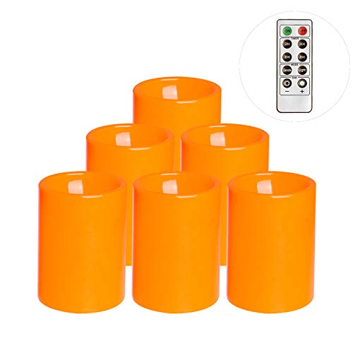Image of Flameless Flickering Plastic Led Candle, 6-Pack Battery Operated Pumpkin Color Remote Candle With Timer ,Fall, Autumn, Halloween Outdoor Decorations, 3x4 inch