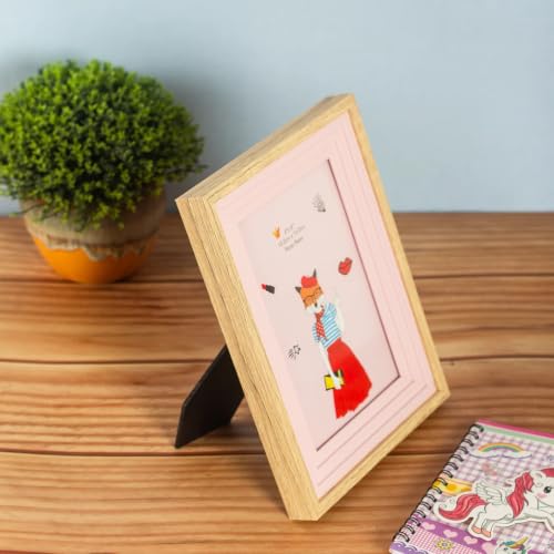 Image of Decorative Wooden Photo Frame 4x6, Pink & Natural Frame for Kids Room, Cute Bunny Illustration Picture Frame, 20cm x 15cm, Tabletop & Wall Display