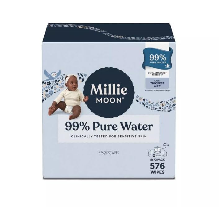 Image of Millie Moon Baby Wipes, 99% Pure Water, 576 Count, Dermatologist Tested for Sensitive Skin
