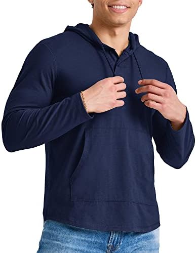 Hanes Men's Originals Lightweight Jersey Hoodie, Cotton Hooded Sweatshirt with Henley Collar, Athletic Navy, Large