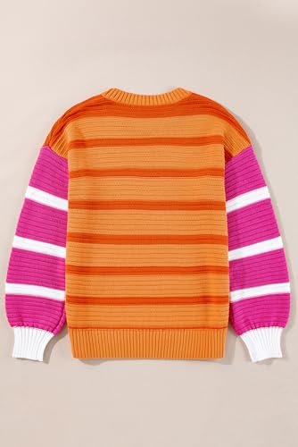 Women's Vibrant Orange Stripe Colorblock Crew Neck Drop Shoulder Loose Sweater4