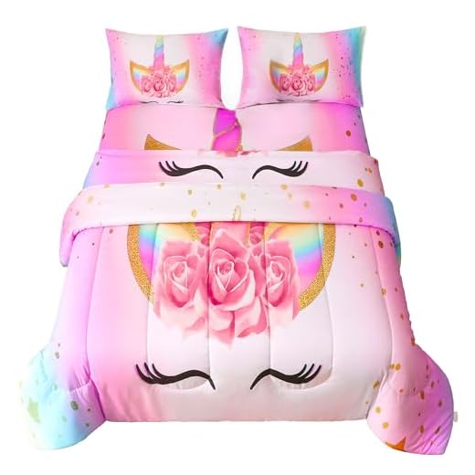 Namoxpa Unicorn Bedding 3 Piece Flower Girl Comforter Sets,Cartoon Unicorn Bedspreads Cute Comforter Sets for Teens and Girls,Twin Size