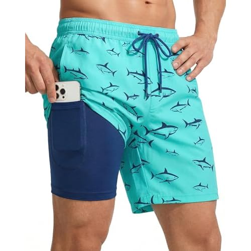 7 Inch Men Swim Trunks with Compression Breathable Liner Quick Dry Zipper Pockets for Pool Board Beach Cruise XX-Large Aqua Navy Shark
