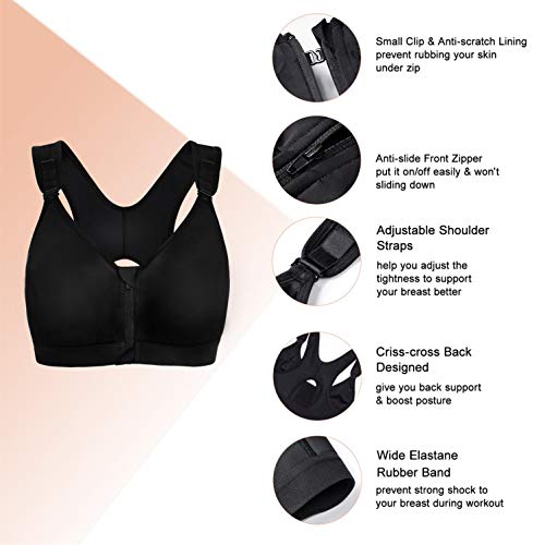 Brabic Women Post-Surgical Sports Support Bra Front Closure With Adjustable Straps Wirefree Racerback (Black With Zipper, L (Fit For 36B 36C 36D 38A)) #TOP2
