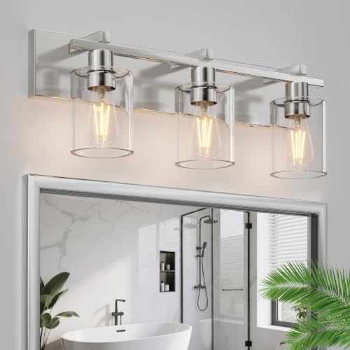 Image of 3-Light 21inch Brushed Nickel Vanity Light, Thickened Clear Glass | Over Mirror for Bathroom, Rust Resistant, E26 Base, Easy Install, Removable Glass Shade Horizontal Mount, Dimmable