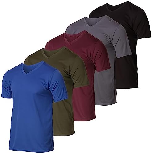 5 Pack: Men’s V Neck Mesh Active T-Shirt Essentials Performance Workout Gym Training Quick Dry Fit Dri Breathable Short Sleeve Under Shirt Athletic Sport Fitness Exercise Running Top SPF,Set 4-XL