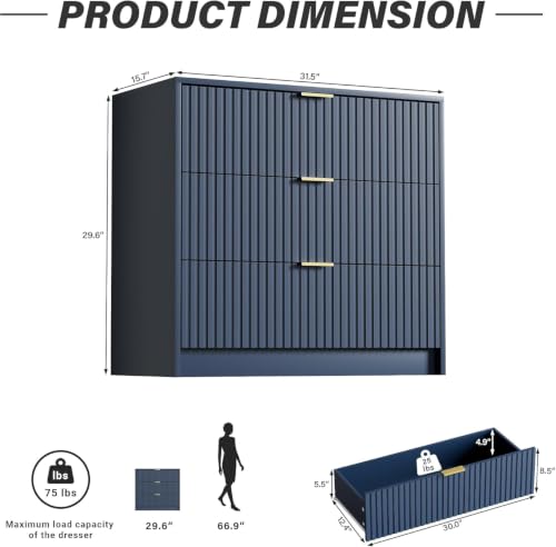 Image of Furniway 3 Piece Bedroom Set, 8 Drawer Dresser and 3-Drawer Nightstand Set of 2 with Gold Handles, Navy Blue Modern Wood Chest of Drawers Storage Cabinet for Bedroom