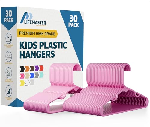 Lifemaster Plastic Kids Clothes Hangers – Children Clothes Hanger with Shoulder Notch, 11.6 Inch Space-Saving Closet Organizer for Baby, Toddler, and Kids Clothing, Hold Up to 4 lbs, Pack of 30, Pink by Lifemaster - Used condition - CA$18.04