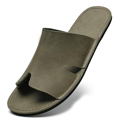 Forevercan Men'S Genuine Leather Flat Slides Sandals Fashion Round Open Toe Slip On Soft Bottom Beach Sandals Summer Casual Vacation Parties Slippers (Green,8.5)