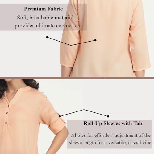 Image of Women's Roll-Up Sleeve Tunic Top, V-Neck with Button Front, Side Pockets, Rayon Short Kurti