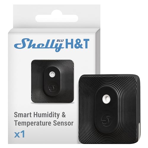 Shelly BLU H&T Noir - Capteur de température et d’humidité Bluetooth, Thermomètre, Hygromètre connecté, Protection IP54, Portée 10 à 30 m, Pile 2 ans, Stockage de données, Cryptage