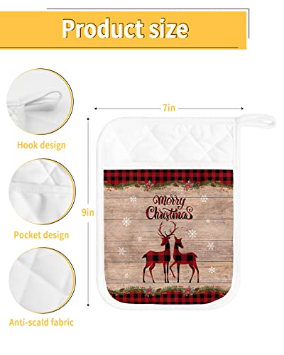 Christmas Reindeer Pot Holders With Pocket For Kitchen, Heat-Resistant Potholders Set Of 2, Hot Pads Oven Mitts With Hanging Loops For Home Cooking Baking Microwave, Farmhouse Wood Plaid #TOP2