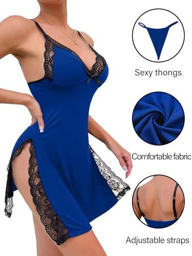 Image of Foxiny Sexy Split Side Floral Lace Trim Full Slip Night Gown Babydoll Lingerie Dress with Thong 2 piece