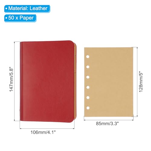 Image of PATIKIL 6 Ring Binder Cover, 2 Pack A7 Kraft Leather Notebook Binder Mini Refillable Loose Leaf Personal Planner with 50 Sheets Paper, Red