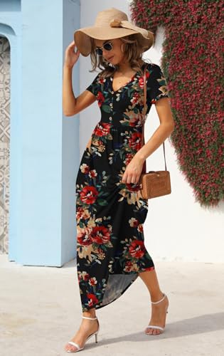 Image of GRECERELLE Womens Summer Long Maxi Dresses 2026 Short Sleeve V Neck Casual Button Dress with Pockets
