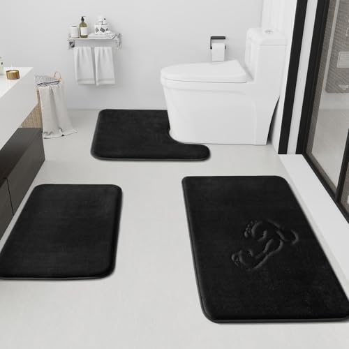 HUXMEYSON Bathroom Rugs Sets 3 Piece Non-Slip & Quick Dry Bath Mat Set Ultra Soft Velvet Bath Rugs for Bathroom Toilet and Shower Floor Black