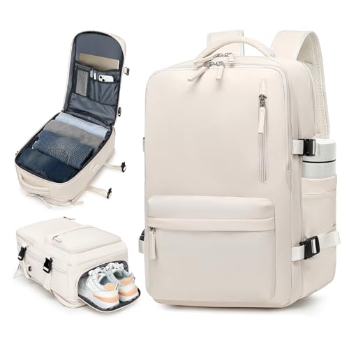 IceSelect Mochila de Viagem Expansivel Grande Masculina Feminina,Mochila Avião Notebook Bolsa de Sapato,Executiva,Antifurto,Reforçada,USB,Impermeável,Escolar,Faculdade,Trabalho,Presente (Bege)