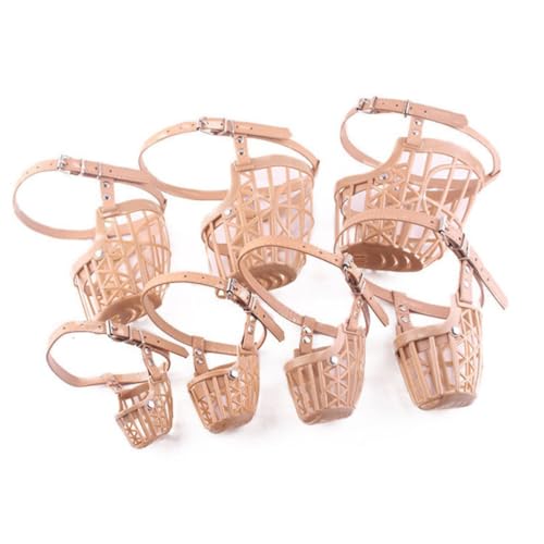 POPETPOP 1 Set Adjustable Dog Muzzle with Bite Basket Design Comfortable PU Leather Strap for Pet Safety for Training and Chewing Apricot