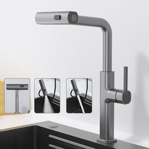 Robinet de cuisine cascade gris pistolet avec douchette extractible - 7
